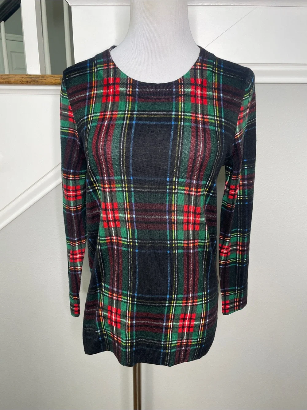 J. Crew Tartan Plaid Merino Wool Lightweight 3/4 Sleeve Sweater